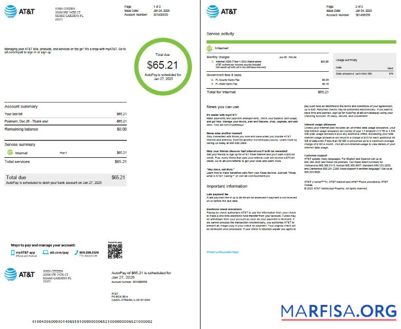 Downloadable USA AT&T utility bill template in Word and PDF formats, 2 pages, version 2